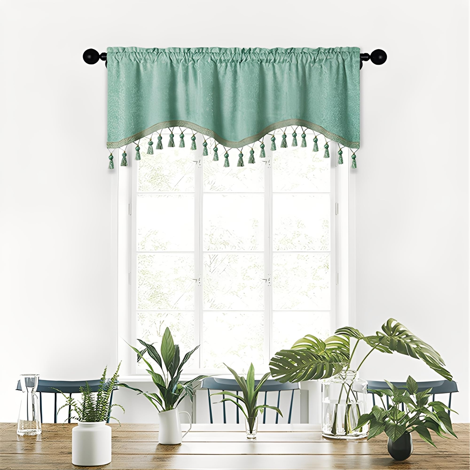 Treer Medieval Style Curtain Valance for Kitchen Window, Short Curtains with Rod Pocket & Tassels, Blackout Polyester Window Treatment for Cafe, Camper, Bathroom, Living Rooms (Peacock Blue,45x180cm)