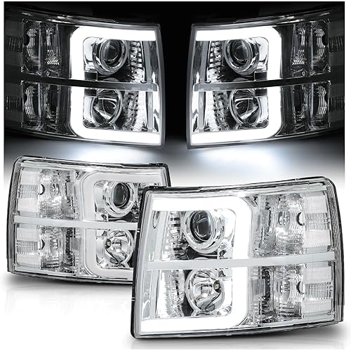 M-AUTO Chrome Projector Headlamp Headlights Assembly with 2 Pair Pre-assembled 6000K LED Bulbs Compatible with 07-13 Chevy Silverado 1500, 07-14 Silverado 2500 3500 & HD Models