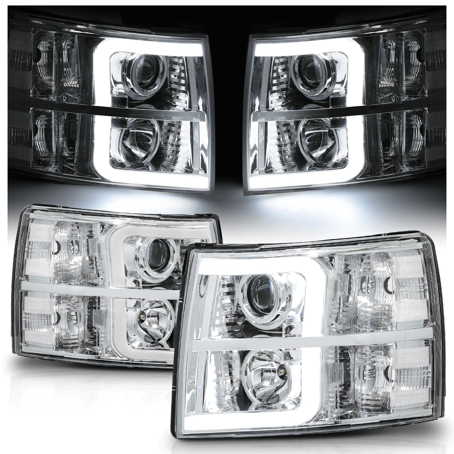 M-AUTO Chrome Projector Headlamp Headlights Assembly with 2 Pair Pre-assembled 6000K LED Bulbs Compatible with 07-13 Chevy Silverado 1500, 07-14 Silverado 2500 3500 & HD Models