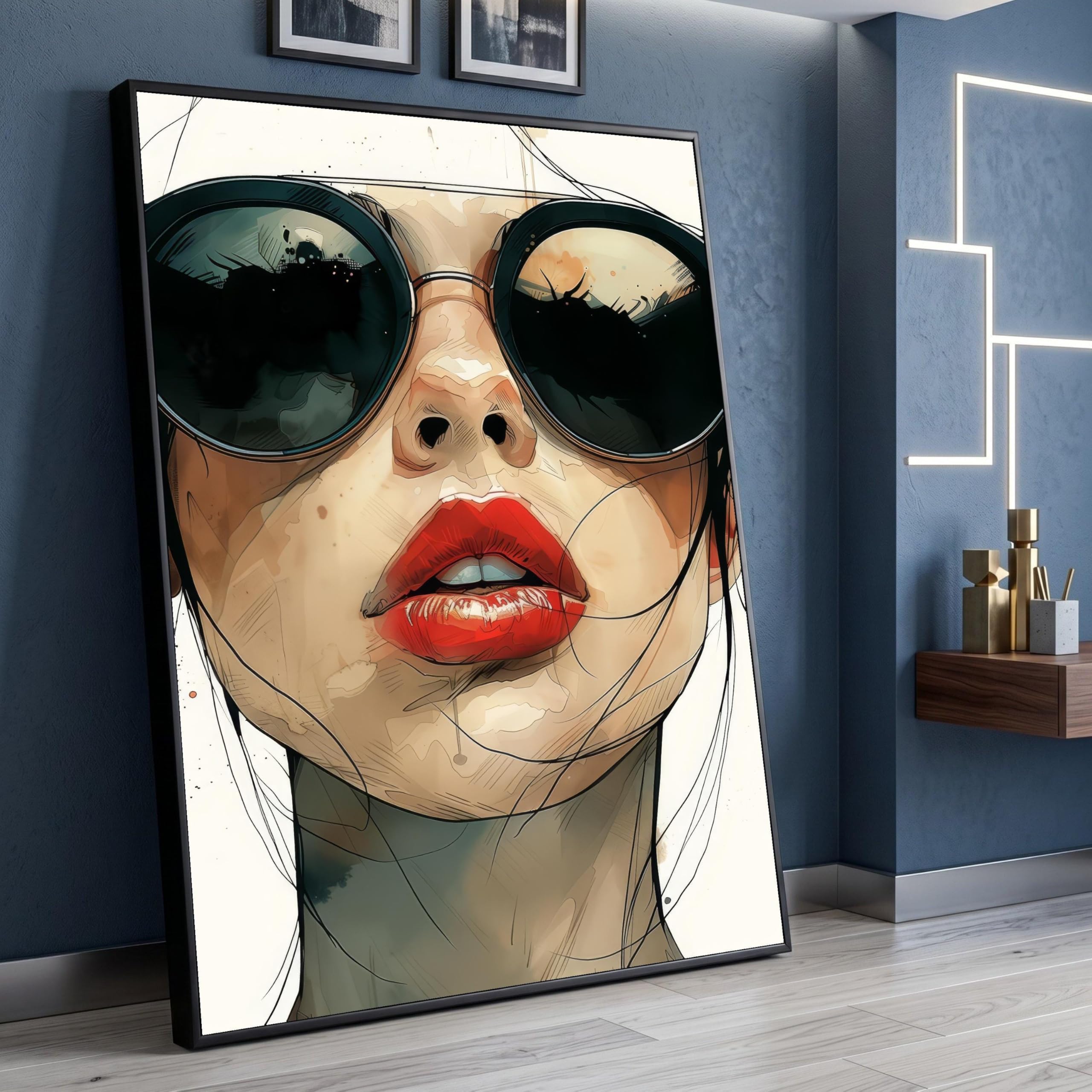 LMYCHENG Portret z czerwonymi ustami, okulary przeciwsłoneczne, obraz olejny, ilustracja kobiecej twarzy, do dekoracji ścian w salonie (70 x 100 cm/bez ramki)