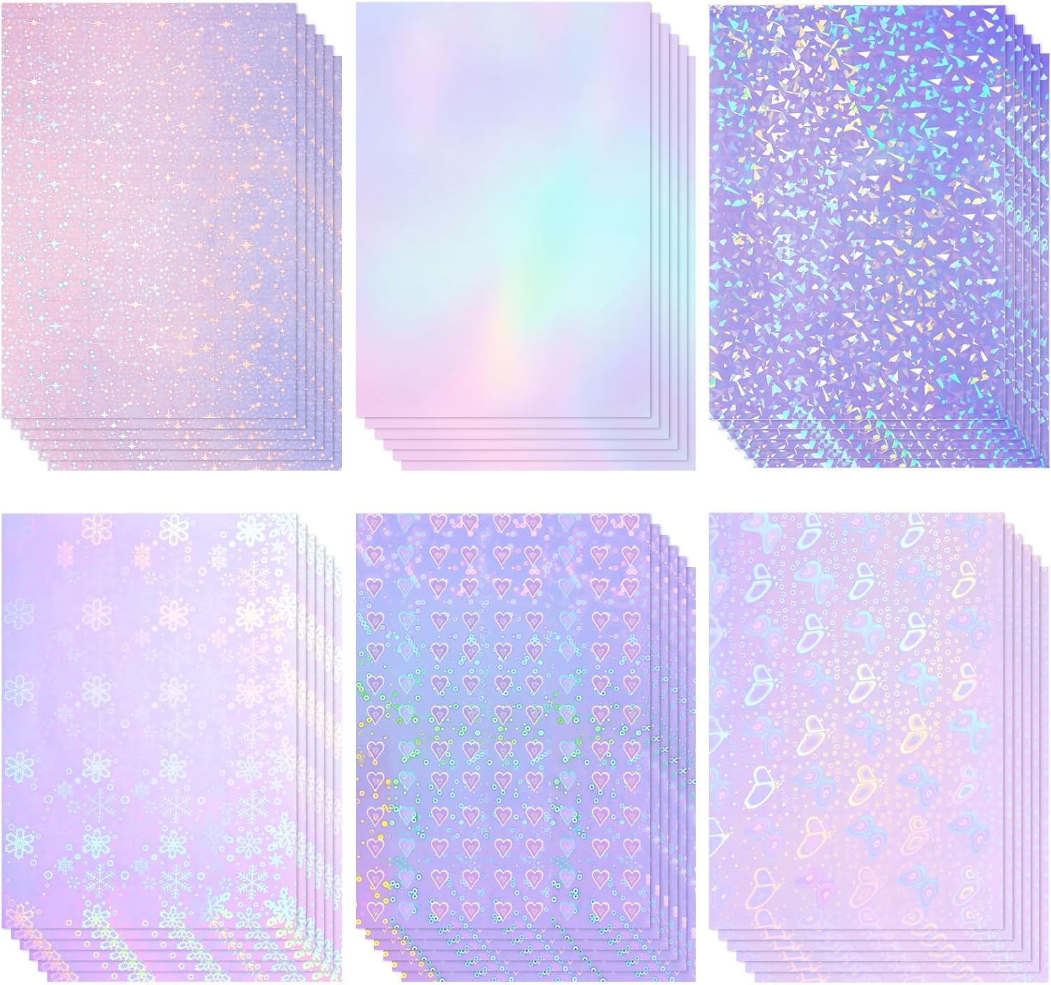 60 Sheets Holographic Laminate Sheets Clear Glitter A4 Size Vinyl Sticker Paper Holographic Overlay Self Adhesive Waterproof Film, 11.7 x 8.3 Inch (Gem, Rainbow, Spot, Star, Sand Star, Wind Mill)
