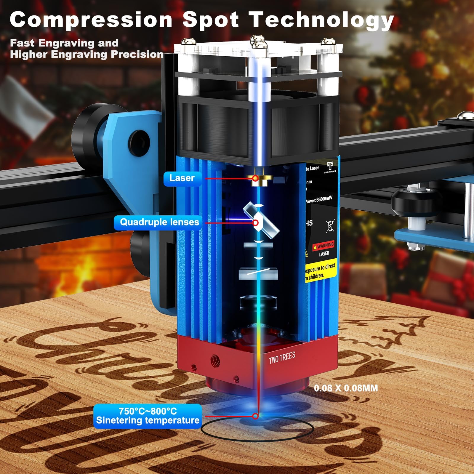 Twotrees TTS-55 Pro 5-5.5W Grabador Láser para Rompecabezas de Madera 3D 5.5 W Máquina de Foco Fijo con 30L/min Unidad de Bomba de Aire Kit de Rodillos Rotativos