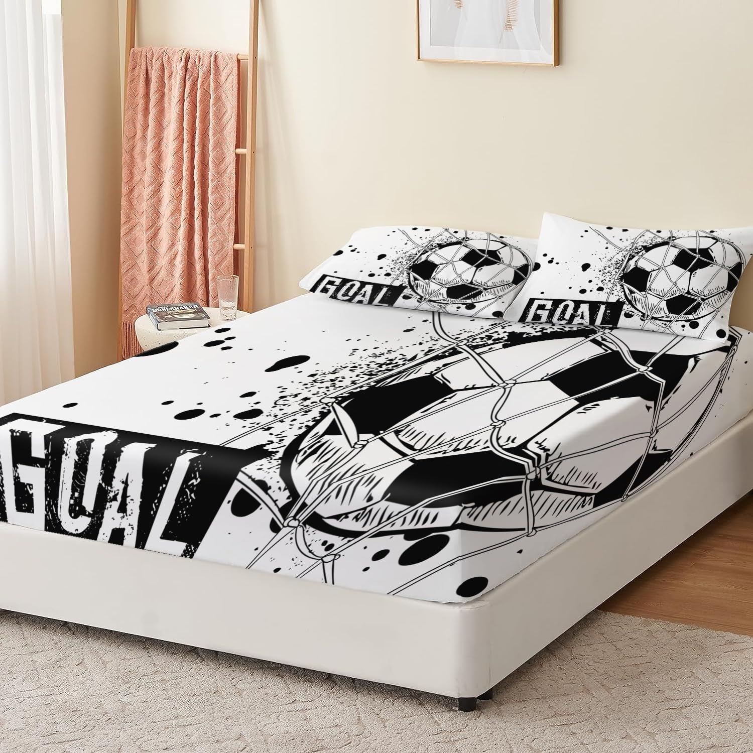 Sábana bajera ajustable para niños, niñas y adolescentes, tamaño individual, 90 x 190 cm, microfibra suave, resistente a la decoloración, con temática de fútbol en blanco y negro, juego de sábanas con