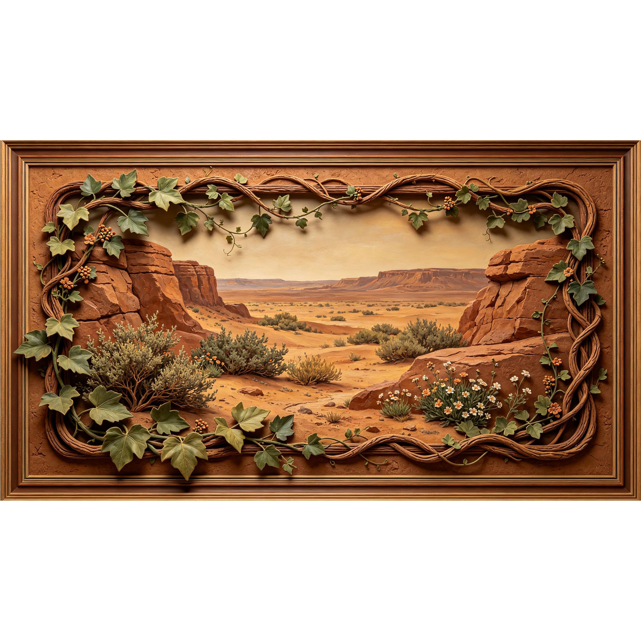 QZLITHOTIC 50×90cm3D Framed Wall Art， Desert Canyon Botanical Vine SelfAdhesive Mural， WaterActivated Peel & Stick Fabric Decor Wall Decal for Bedroom Living Room