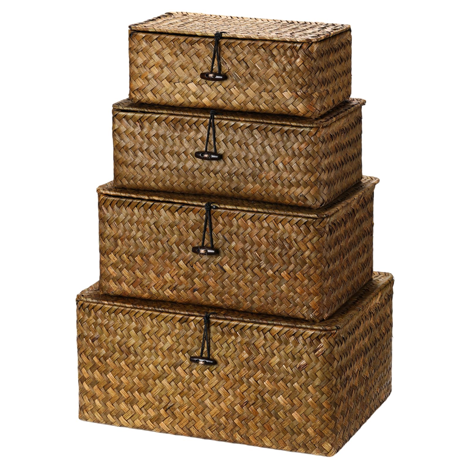 Woanger Set of 4 Wicker Storage Baskets Organizer，Handwoven Storage Bins with Lid for Organizing, Home Utility Box for Home Office Supplies