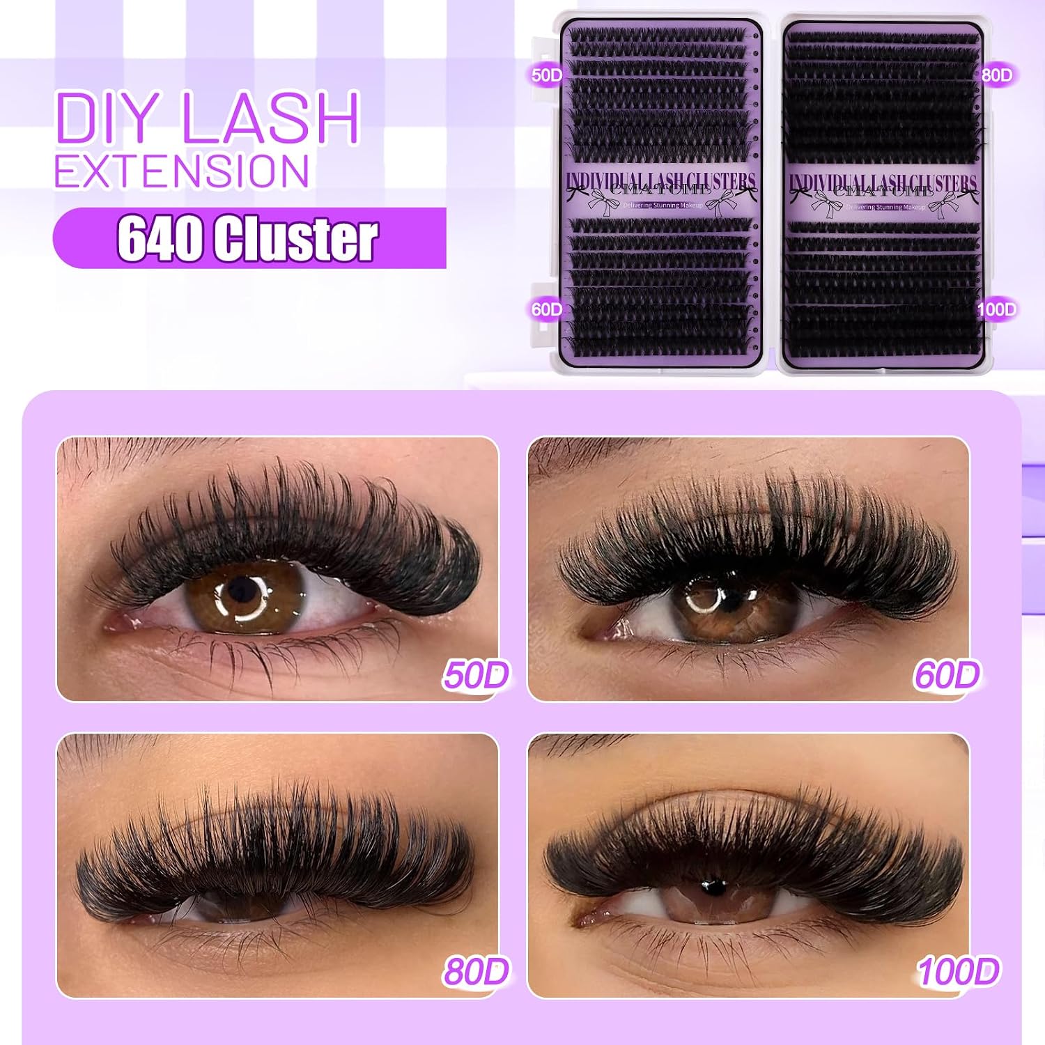 Lash Clusters Kit, 50D 60D 80D 100D Lash Extension Kit with Lash Bond and Seal, 640Pcs Eyelash Clusters with Lash Tweezers, Lash Remover and Eyelash Brush