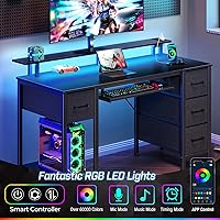 Vista 4 de Seventable Escritorio para computadora de 47.2 pulgadas con luces LED y tomas de corriente, escritorio de oficina en casa con 4 cajones, escritorio