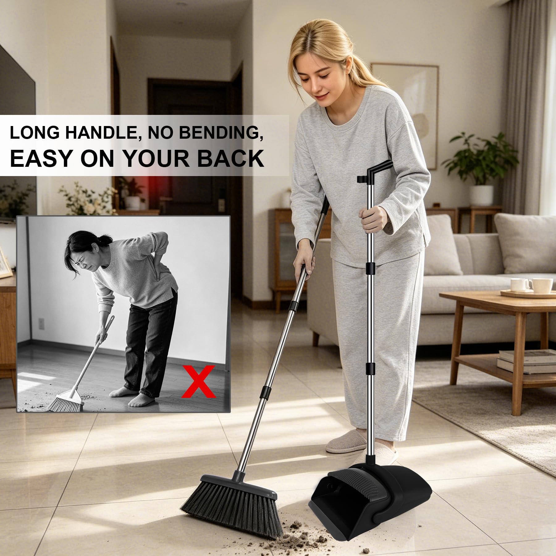Scopa verticale extra large aggiornata - Lunghezza 144 cm, setole grigie per una migliore pulizia interna ed esterna - Manico in acciaio inox - Soluzione di pulizia per casa, cucina e ufficio