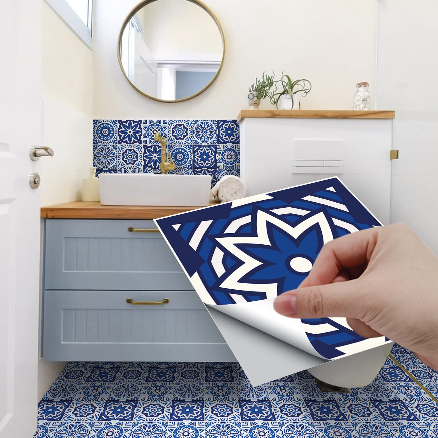 funlife 24pc Mandala Pattern Thick Textured Peel and Stick Kitchen Backsplash Sticker, Self Adhesive Wall Tile Decal for Home Tiles Decor, Spanish Blue Mandala