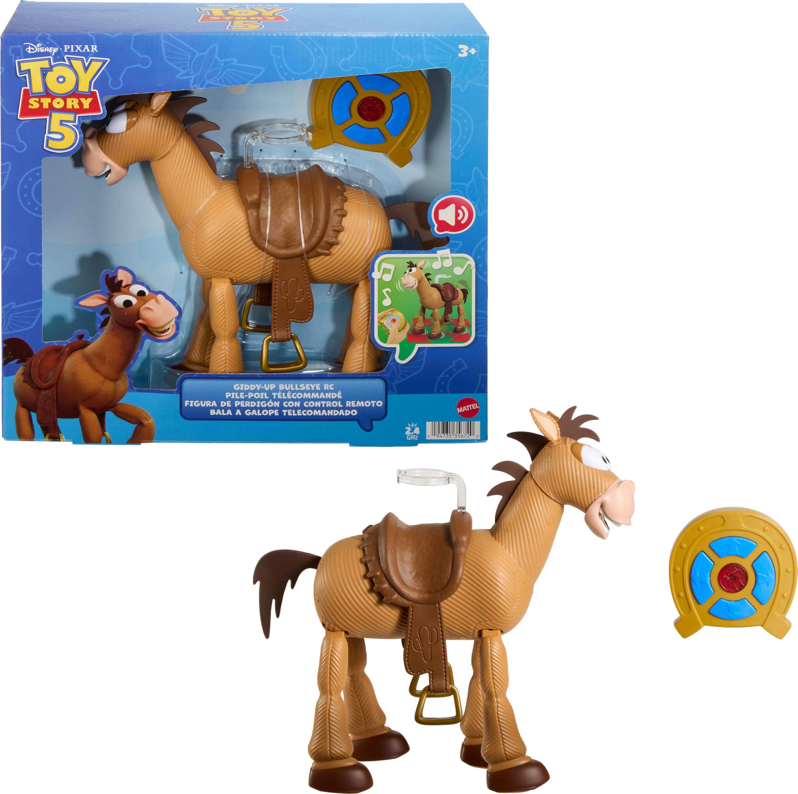 Mattel Disney i Pixar Toy Story 5 Bullseye RC | Sterowany radiowo koń zabawkowy 30 cm z dźwiękami i klipsem do figury (sprzedawany oddzielnie), JKV52