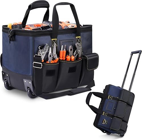 Bolsa de herramientas con ruedas con gran capacidad, bolsa organizadora de herramientas resistente con ruedas y múltiples bolsillos, bolsa de