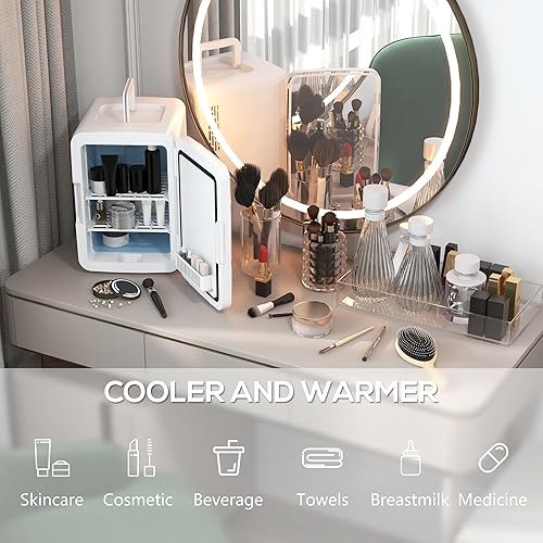 Miniatura 3 de HOMCOM Mini refrigerador para dormitorio o automóvil con espejo LED regulable (10L8 latas), enfriador y calentador, refrigerador portátil para el