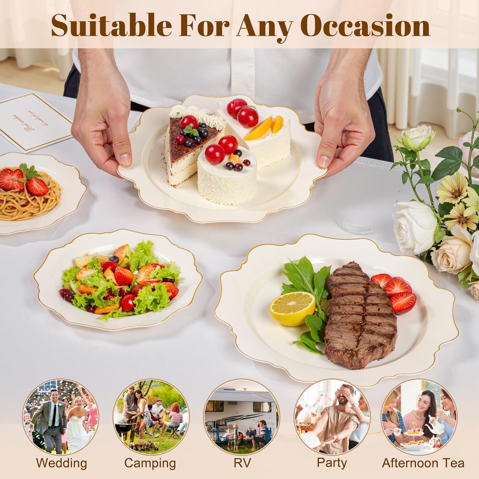 Ivory Gold Rim Plates - 200 Disposable Plates for Parties -4