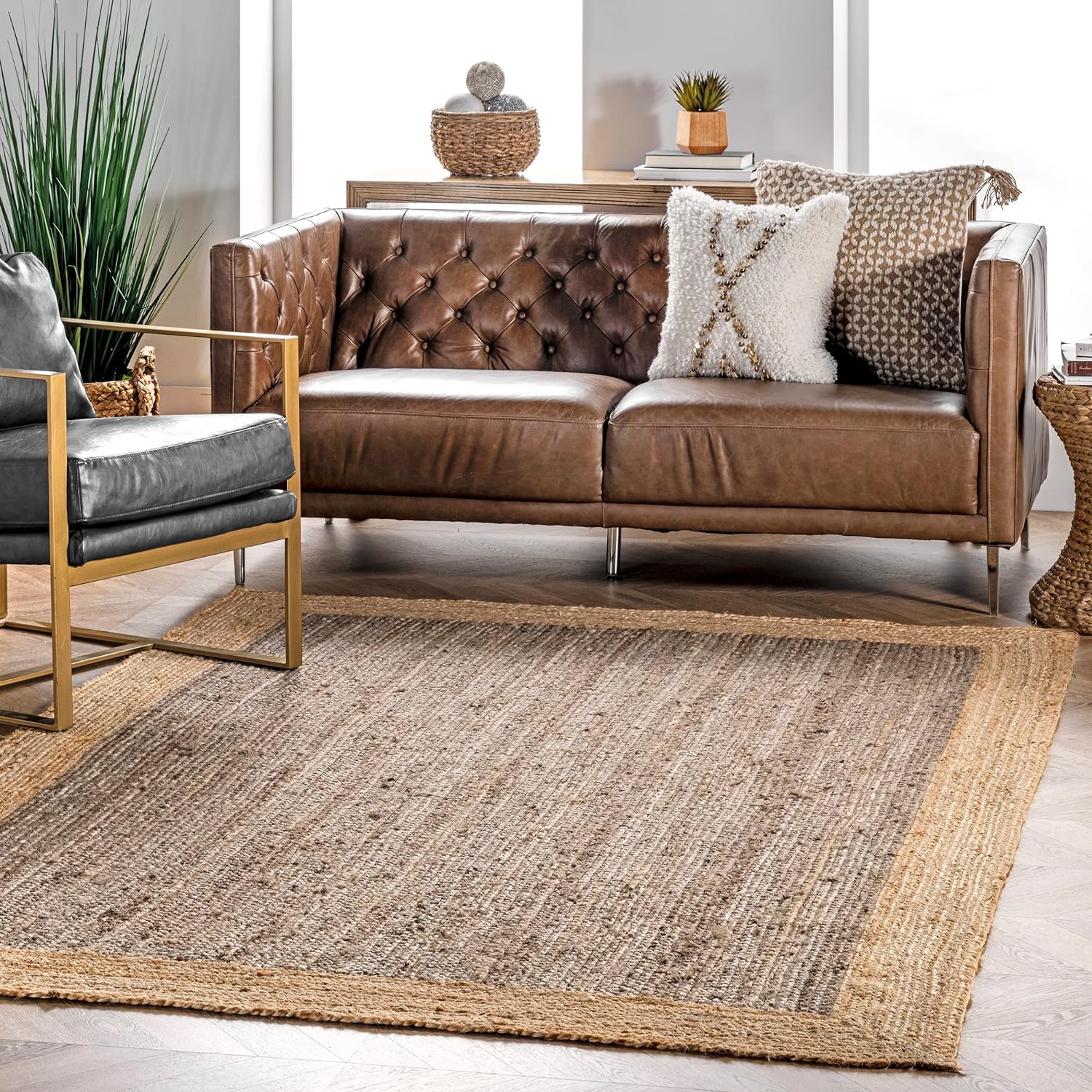 DANGAYACH ART Indian Handmade Braided Inner Gray Natural Jute Area Rug, Jute Rug, Living Room, Durable Jute Rug Size- 4 x 4 Feet Square (120 cm x 120 cm)