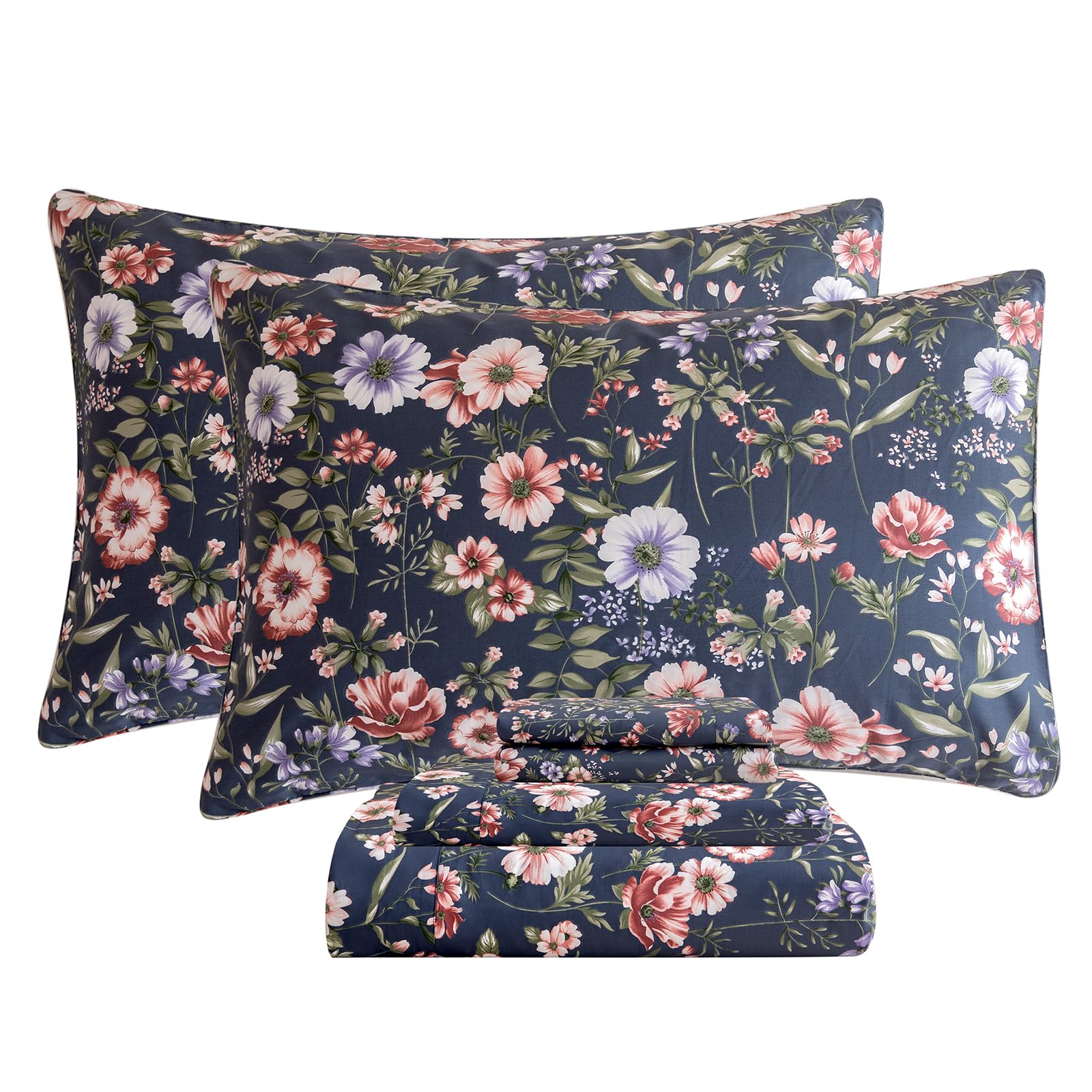 Lady Ann Luxury Soft Queen Size Sheet Sets 100% Egyptian Cotton Sheets Navy Flower Print Bedding Sheets Queen Size Bed Breathable 4pcs Deep Pockets Bedsheets