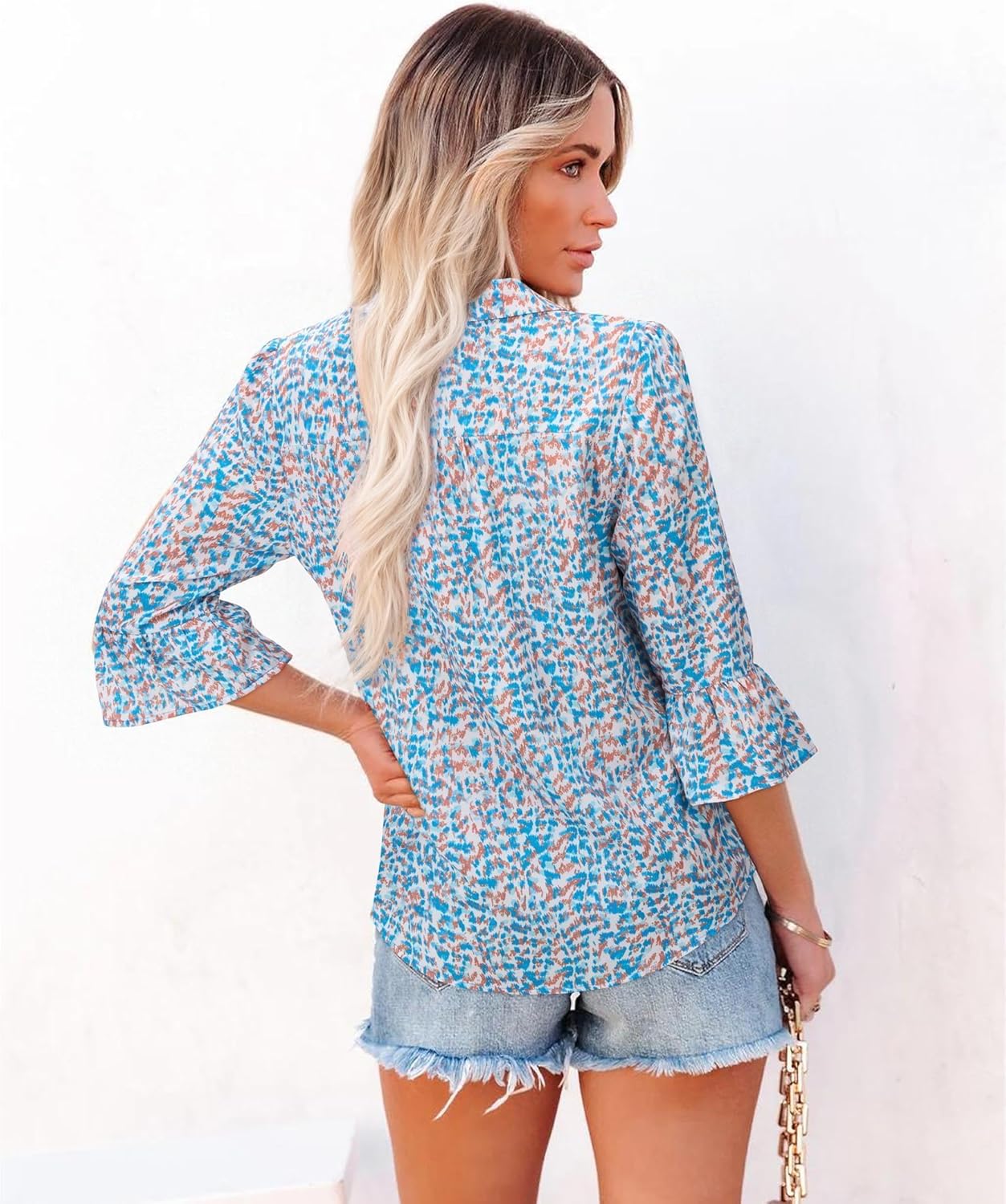 siliteelon Womens Ruffle 3/4 Sleeve Tops and Blouses Dressy Casual Flowy V Neck Tie Front Floral Business Work Shirts Trendy - Image 4