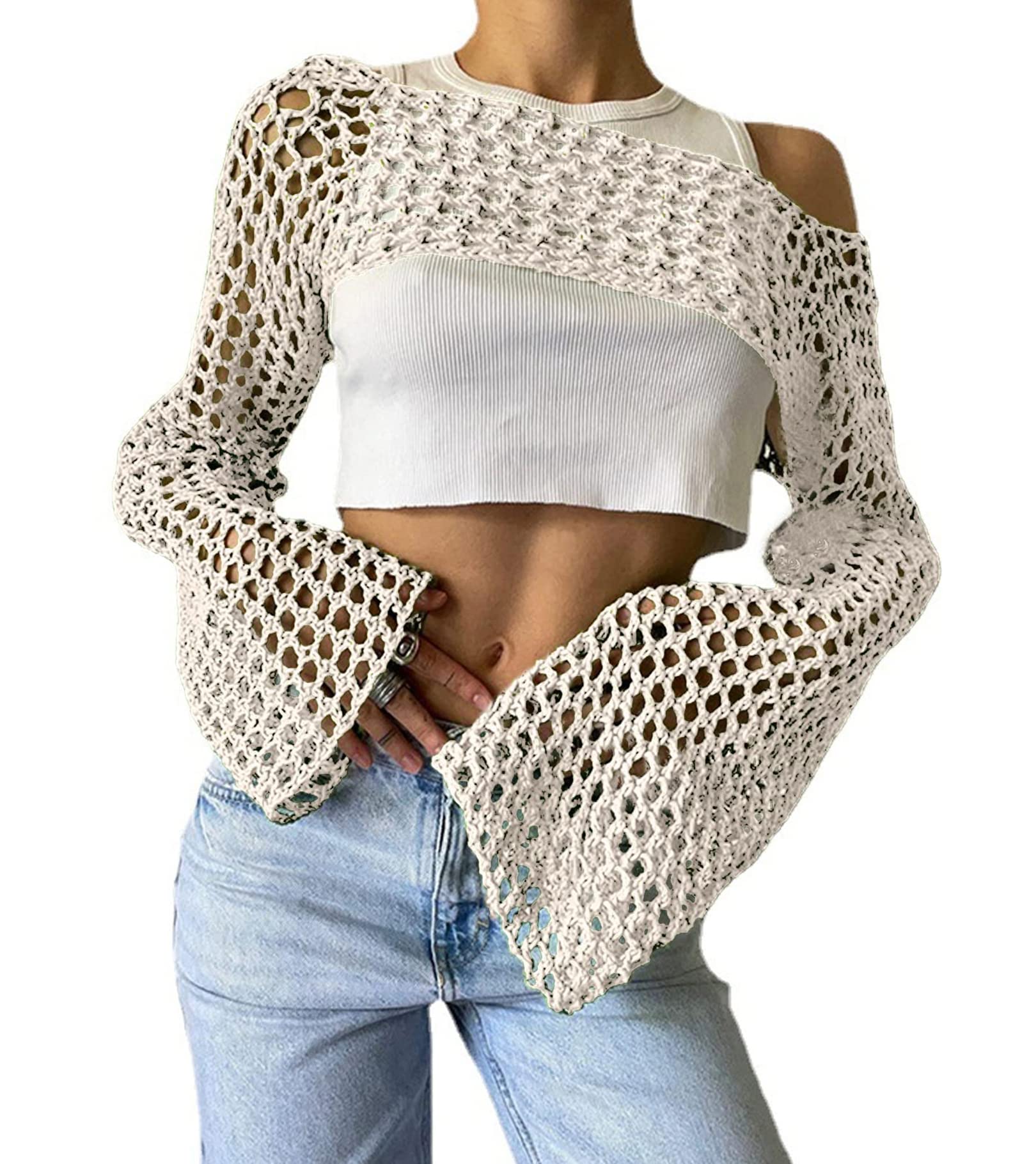 Aimiray Women's Beige Sexy Mesh Crochet Crop Top Hollow Out Beach Cover Ups See Through Long Sleeve Y2k Knit Sweater Tees Clothes, Xs