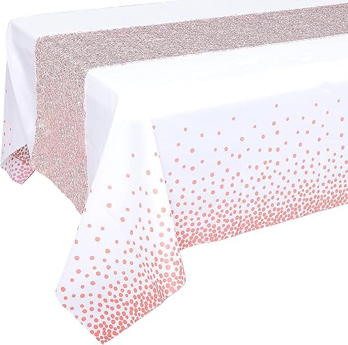 Juego de 4 manteles de color oro rosa con lentejuelas, decoraciones de fiesta color negro y oro rosa, manteles rectangulares desechables de plástico