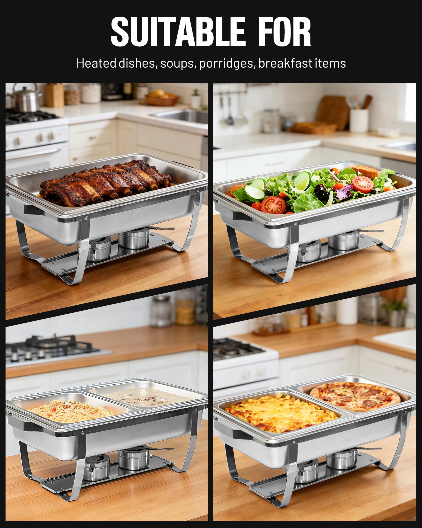 Chafing Dishes Buffet 2pcs, 9L, Scalda Vivande Portatile Rettangolare con Coperchio a Scomparsa [2 Vaschette Intere 4 Mezze Vaschette] Scaldavivande per Feste, Compleanni, Festività, Eventi in Chiesa
