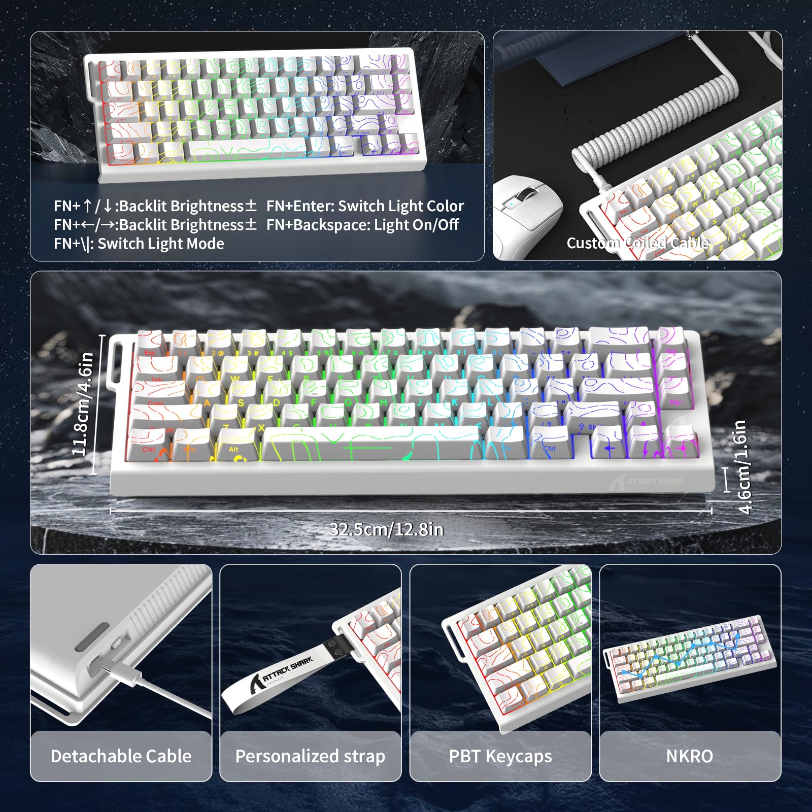 MAMBASNAKE x ATTACK SHARK X68HE Tastiera meccanica con interruttore magnetico a grilletto rapido, tastiera da gioco cablata con cavo a spirale e precisione RT di 0,01 mm, 8 KHz, SOCD(contorni bianchi)
