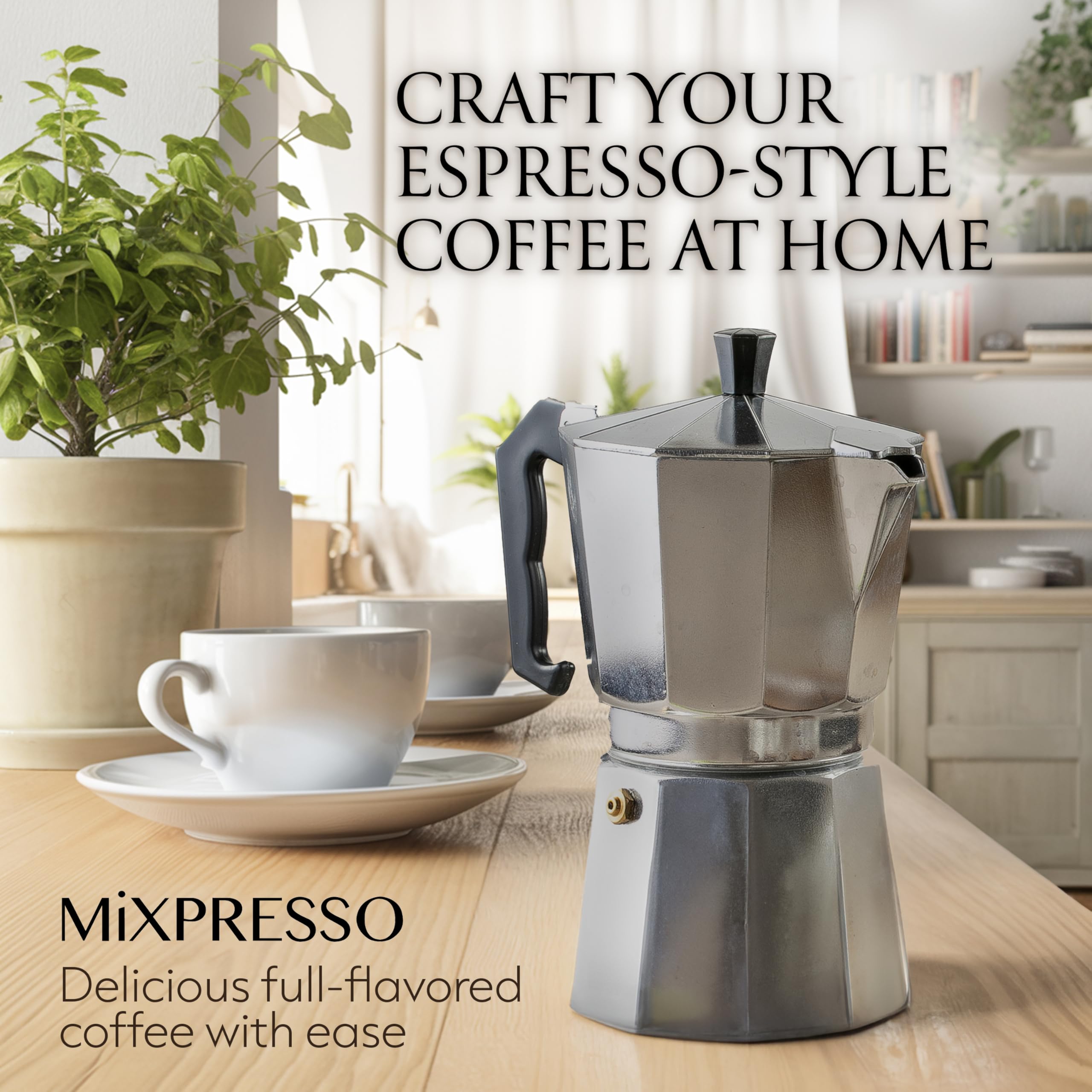 Mixpresso Cafetera de aluminio para 6 tazas, cafetera Moka Pot para preparar café italiano y cubano, cafetera italiana clásica, cafetera espresso Greca, cafetera de camping de 10 onzas