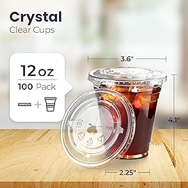 Fit Meal Prep 100 Pack 12 oz Clear Plastic Cups with Flat Lids, Disposable Iced Coffee Cups, BPA Free Premium Crystal Smoothie Cup for Party, Lemonade Stand, Cold Drinks, Juice, Milkshake