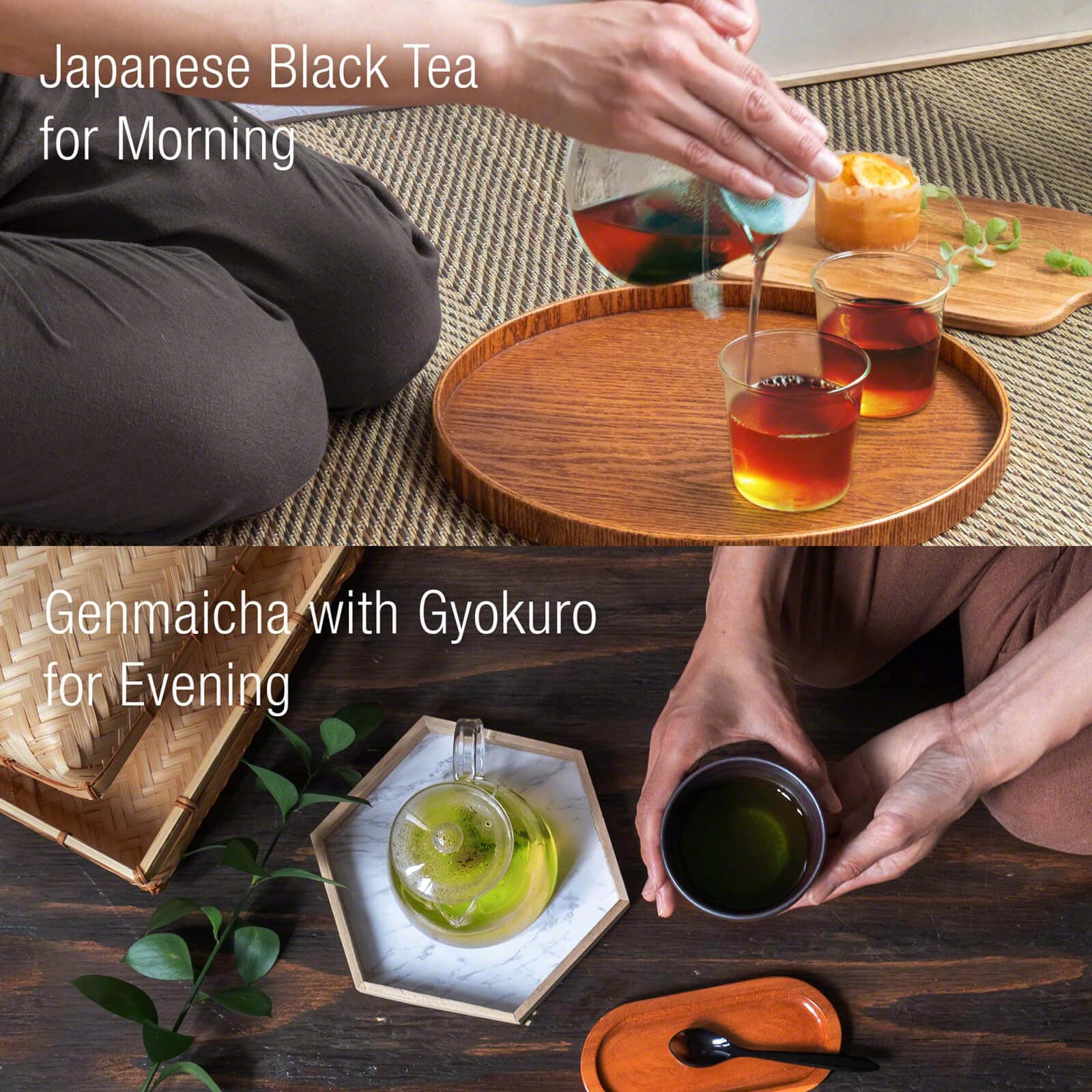 Asayu Japan Set de Té - Timeless Brew Gift Set (Té Negro Japonés Wakocha y Genmaicha con Gyokuro) 30 Bolsitas, Hecho en Japón, para Relajación y Concentración