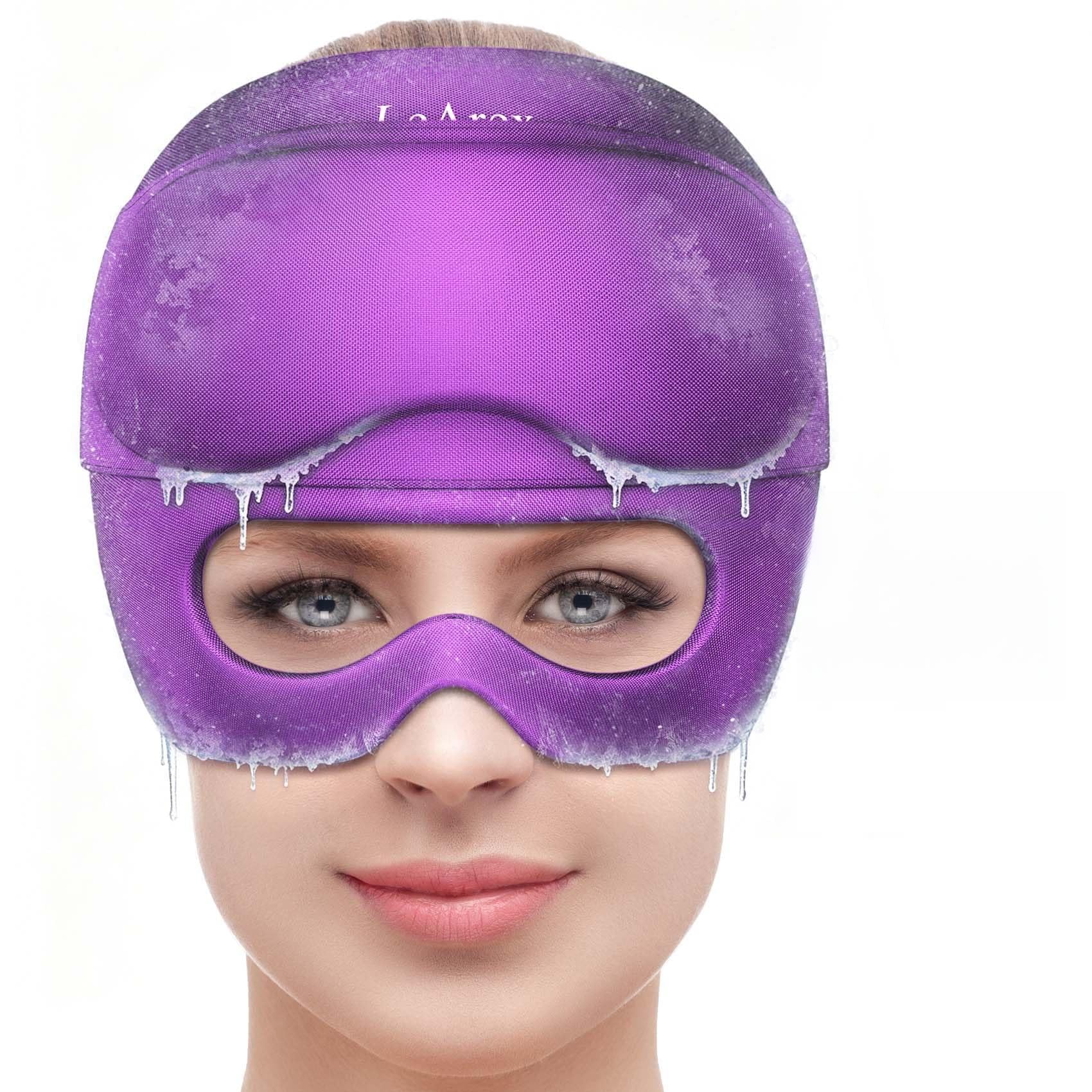 2 in 1 Migraine Relief Cap with Gel Eye Mask, Headache Relief Cap Ice Head Wrap Hot and Cold Therapy Hat Gift for Women for Headache Puffy Eyes Sinus and Tension Stress Relief (Purple)
