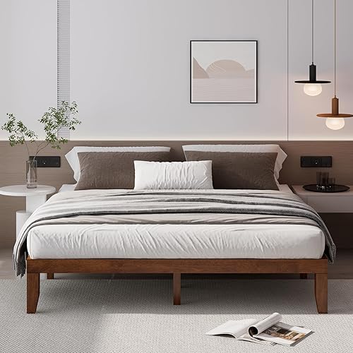 Miniatura 6 de Giantex Base de cama de plataforma de madera King de 14 pulgadas, base de colchón de estilo minimalista con madera de goma maciza, soporte de