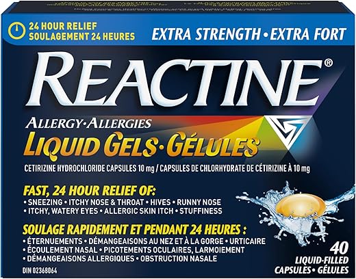 8 Symptoms of Allergies! Stop Symptoms of Airborne Allergies Reactine Extra Strength Liquid Gel Allergy Pills - 10mg Cetirizine Hydrochloride - 24-Hour Relief from Indoor & Outdoor Allergy symptoms - Antihistamine for Sneezing, Runny Nose & Itchy Eyes - 40 Count