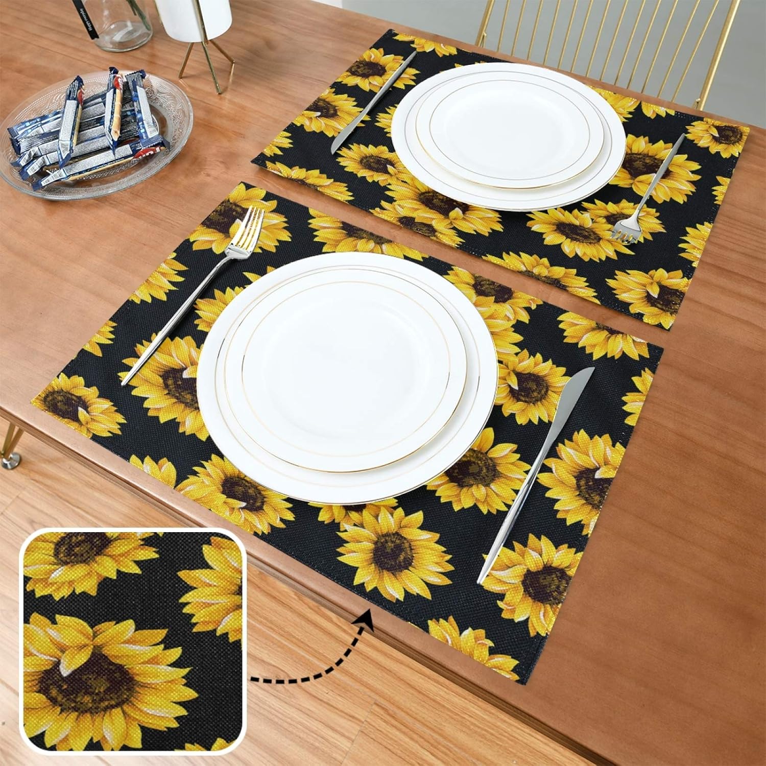 Sunflower Black Placemats Set of 6 Washable Non-Slip Burlap Table Mats Heat Resistant Place Mats for Home Kitchen Dining Party 12 X 18 in