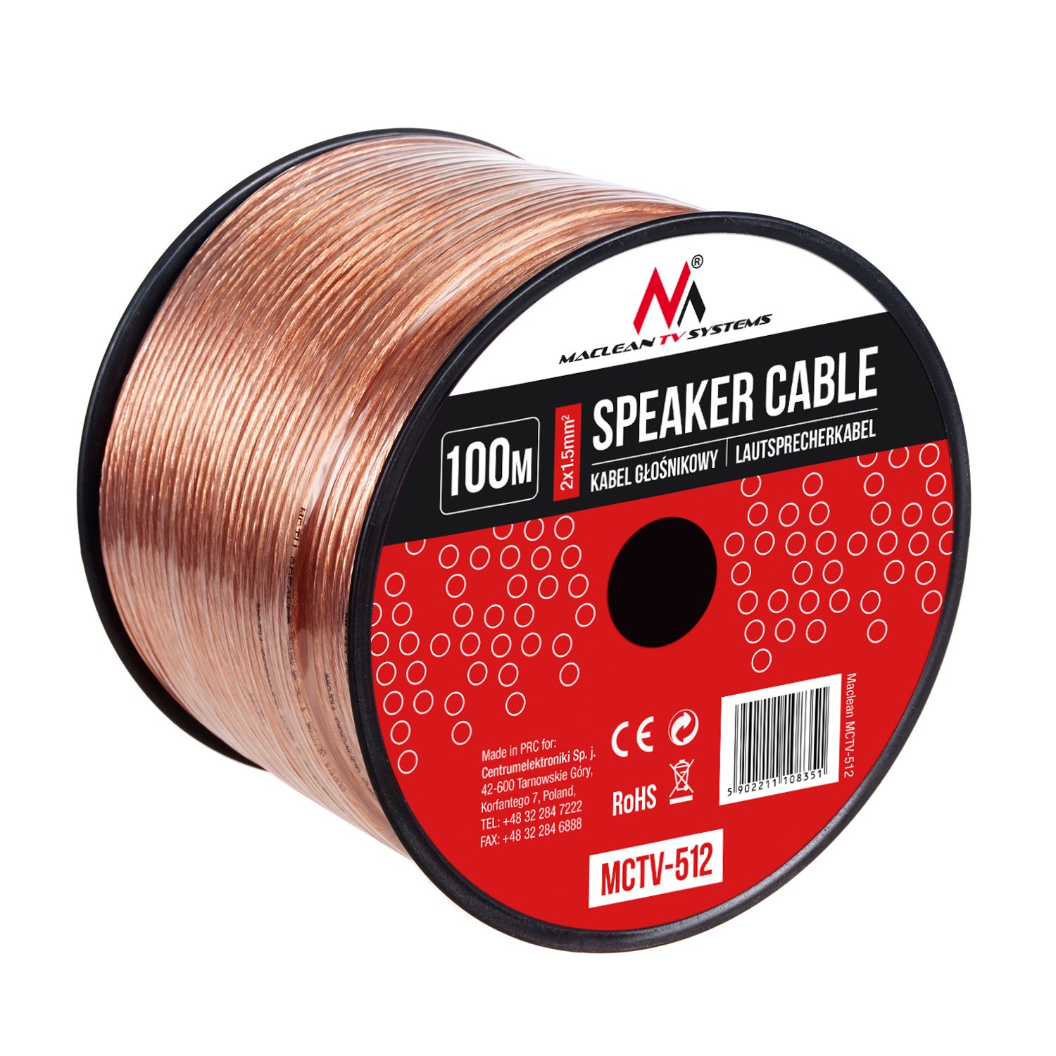 Maclean MCTV-512 câble d'enceinte 2x1.5mm2 / 48x0.20CCA 3,5x7,0mm TRANSPARENT PVC 100m (100m)