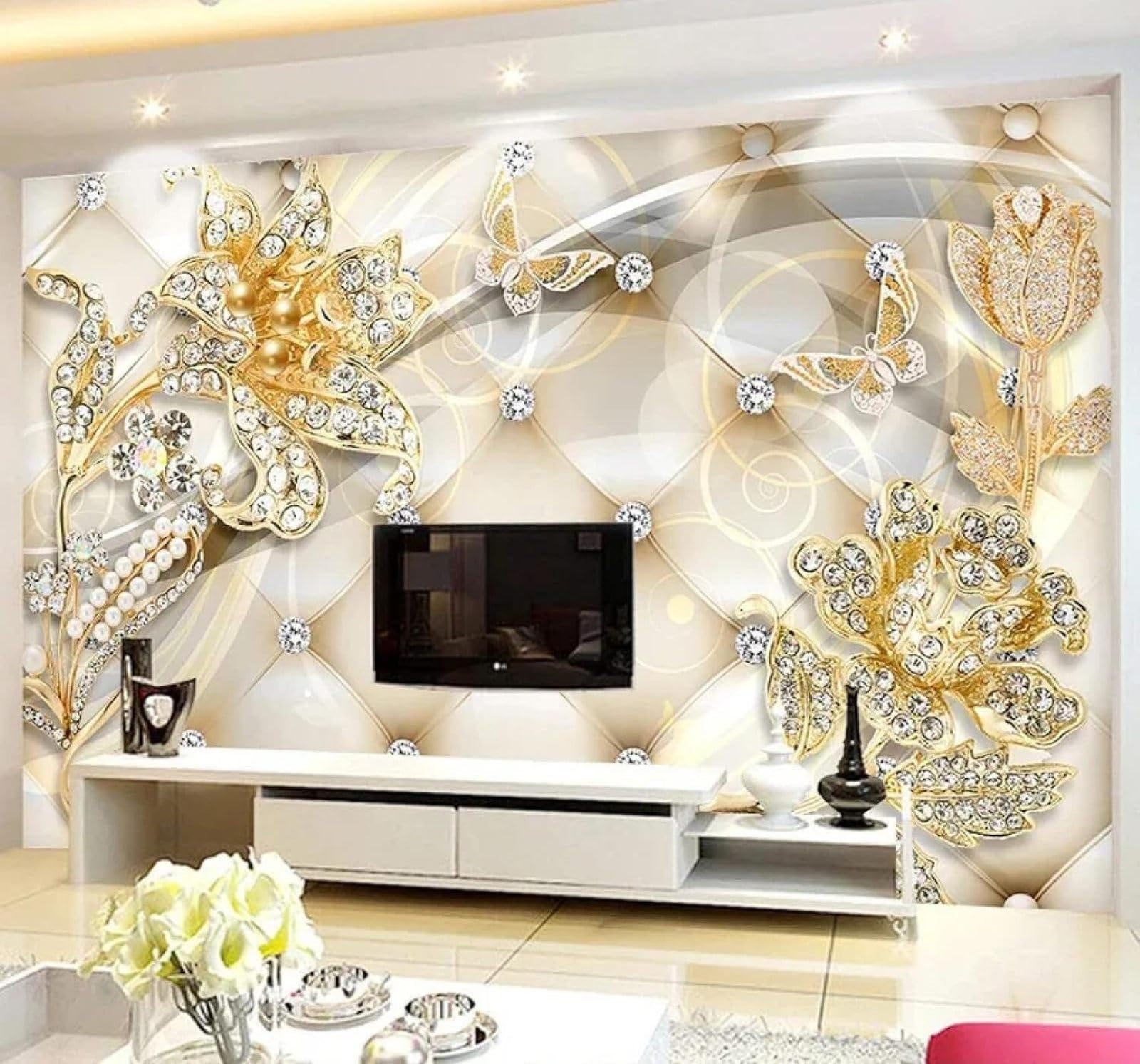 XLMING Luxury Beauty Jewellery Flowers Butterflies 3D Wallpaper Luxury Home Dining Decor Paste Sofa Living Room The Wall for Bedroom Mural-150cm×105cm