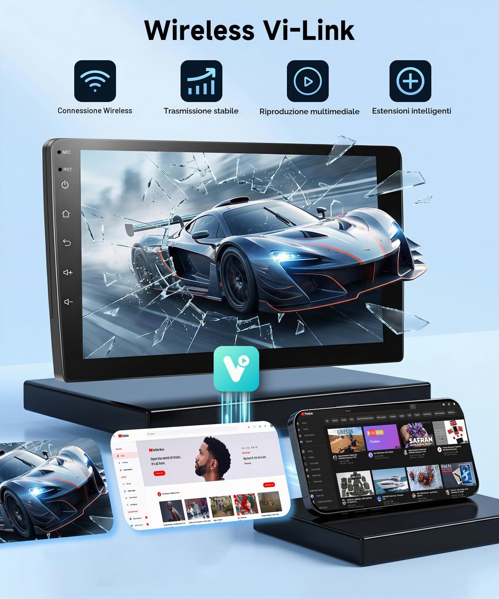 Rimoody Autoradio 2 Din con Wireless Carplay Android Auto You-Tube Vi-Link Bluetooth FM/RDS DSP EQ, 9 Pollici Touchscreen Radio Doppio Din Mirror Link USB Controllo del Volante Telecamera Posteriore