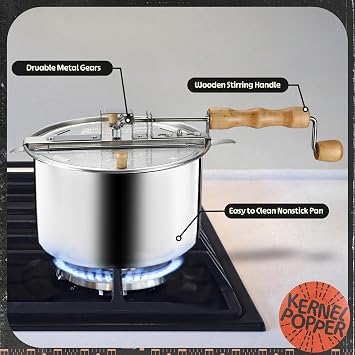 Great Northern Popcorn Stovetop Popcorn Maker, Silver, 6-Quart | Aluminum Stove Popcorn Popper with Hand Crank, Vented Lid, and Stir Paddle for Movie Night Supplies and Game Night Snacks