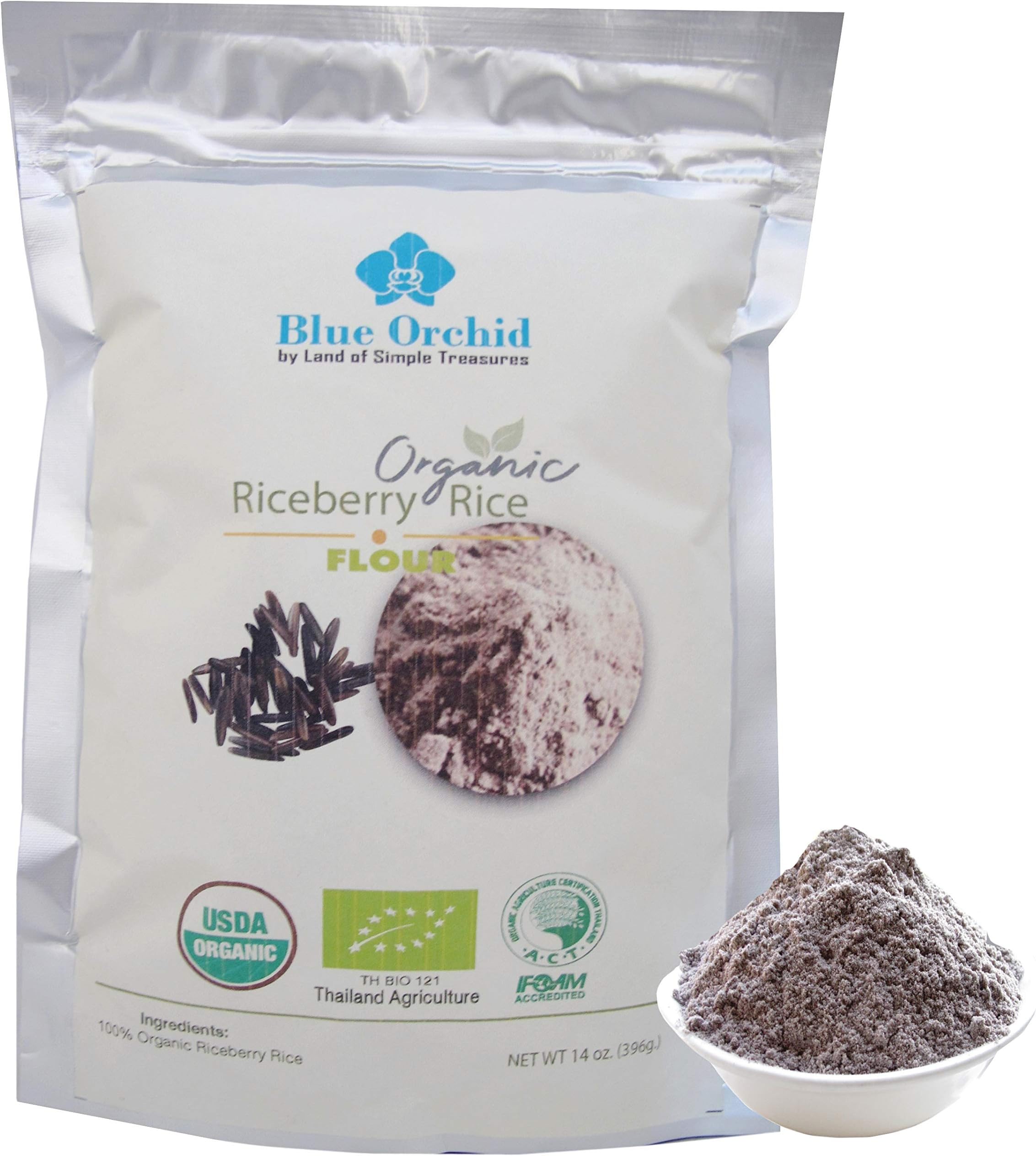Certified Organic Riceberry Black Jasmine Rice Flour - Super Fine Thai Rice Flour for Baking - Healthy Aromatic Wheat-free, Gluten-free 14 oz