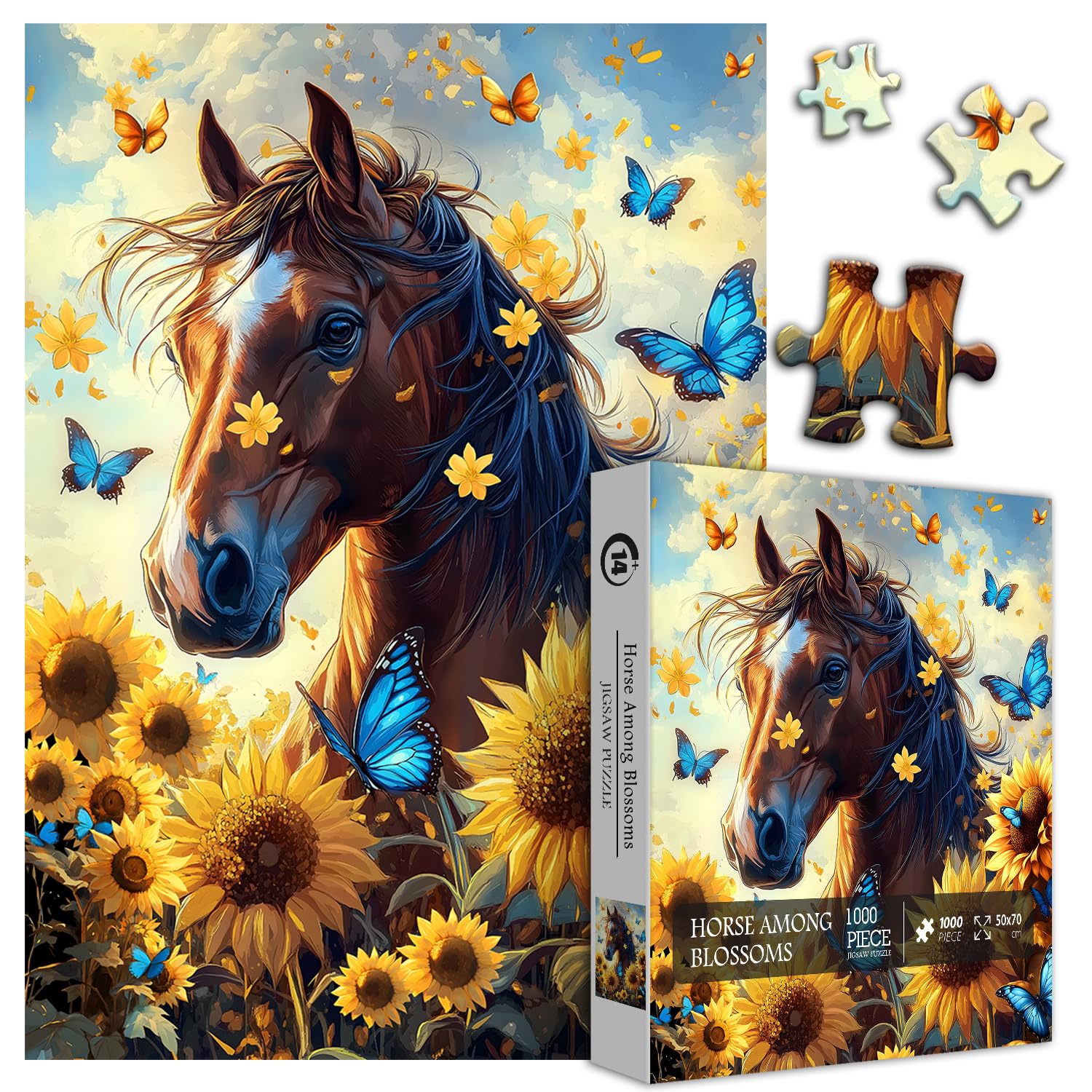 Flower Horse Puzzles for Adults 1000 Piece, Nature Sunflower Butterfly Garden Themed, Animal Floral Challenging Jigsaw Puzzle
