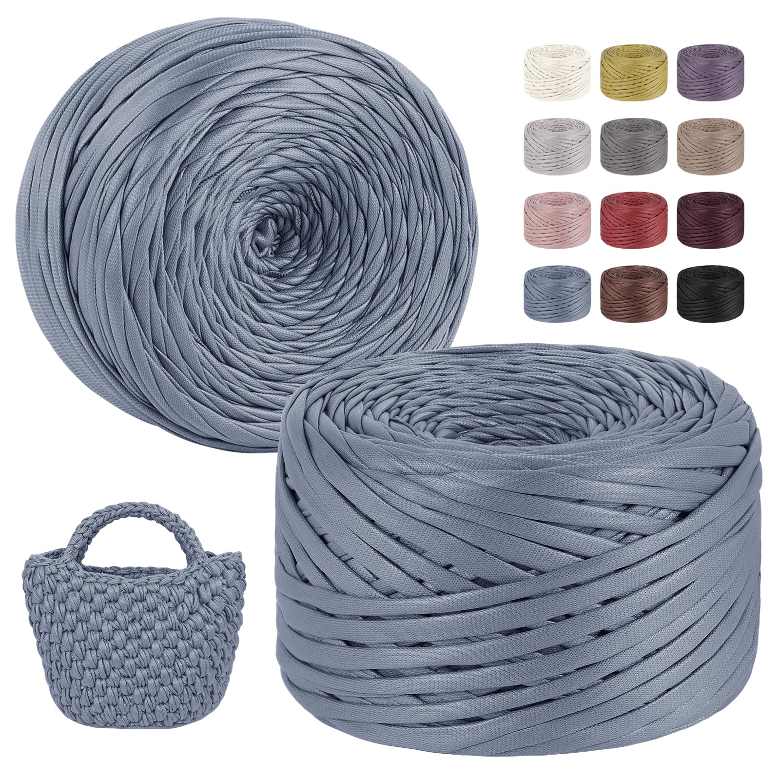 LEREATI Tshirt Yarn for Crocheting 2x200g/2x90m Single-Side Faux Leather Looking Fabric, Soft Polyester Cloth Ribbon T Shirt Yarn for Crocheting Baskets Bags Rugs Home Decor DIY Crafts (Haze Blue)