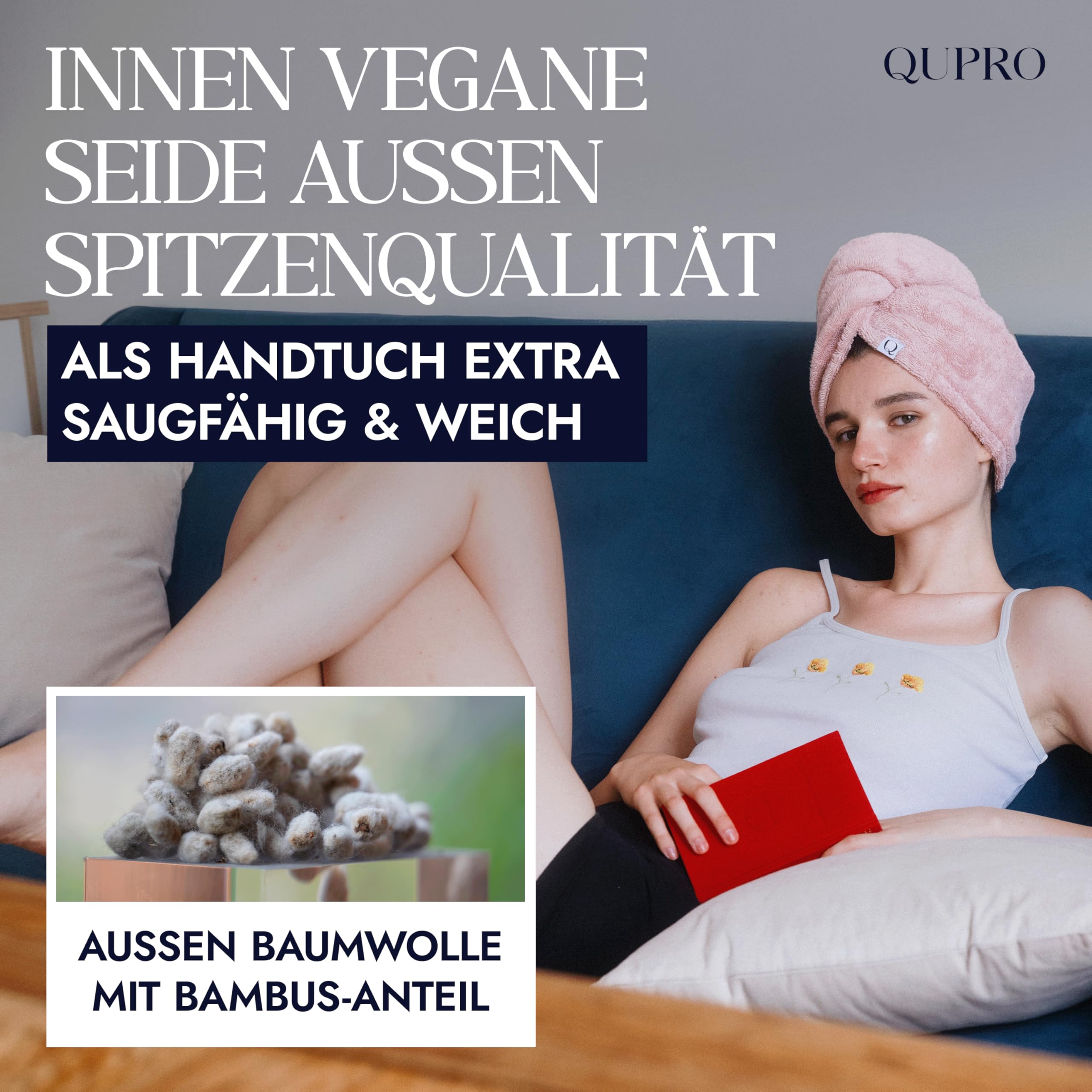 Haarturban I Turban Handtuch mit Knopf & Gummiloop I Handtuchturban mit veganer Seide & Baumwolle I Haarhandtuch - Ideal für lange Haare, Locken & Mehr I Kopfhandtuch mit Knopf | Hair Towel