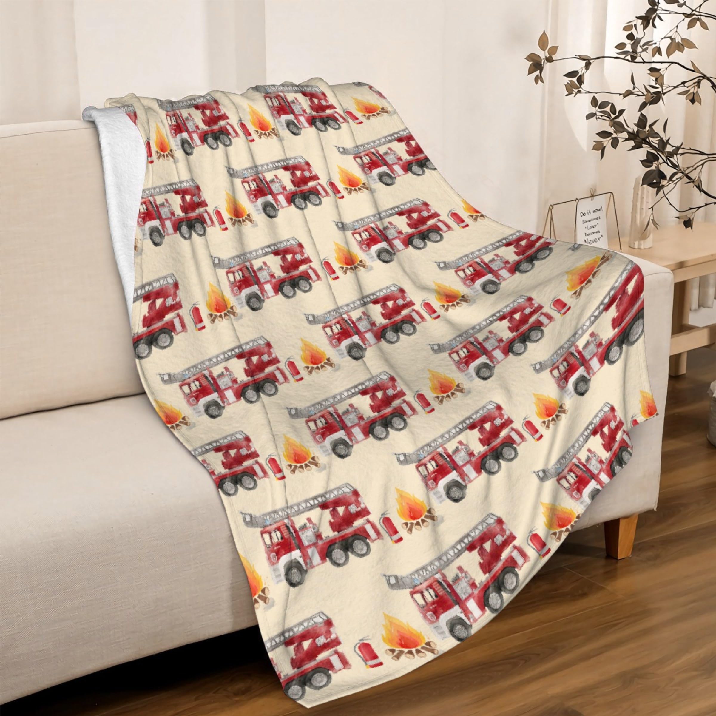 Fire Truck Fleece Throw Blanket - Cozy Flannel Air Conditioning Blanket for Couch, Bed - 120x90 inches