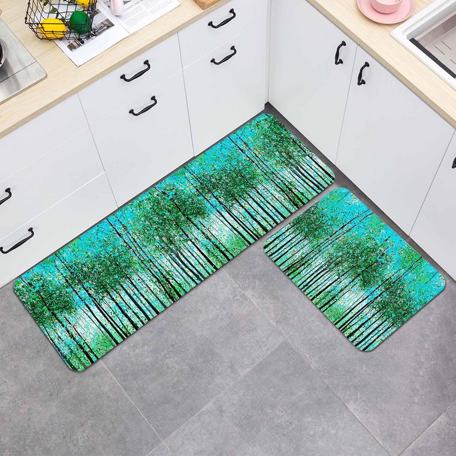 Prime Leader Birch Trees Kitchen Mat Set 2 Pieces Spring Summer Art Forest Green Leaf Rustic Birch Grove Non Slip Kitchen Rugs Washable Runner Rug Mats for Sink Laundry (19.7" x 31.5"+19.7" x 63")