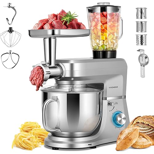 VIVOHOME 6-in-1 Stand Mixer, 8.5 Quart Electric Tilt-Head Kitchen Mixer with Bowl, Multifunctional Food Mixer for Cake, Bread, and Dough, with Meat Grinder, Blender, Pasta Maker Attachments, Silver