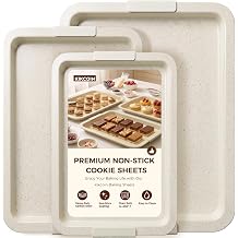 Kikcoin Nonstick Cookie Sheets for Baking Set of 3, Carbon Steel Sheet Pans with Lychee Silicone Handles, 2X Thick Ceramic Coating PFOA-Free, Small Medium Large Stackable Baking Pans for Oven, Beige