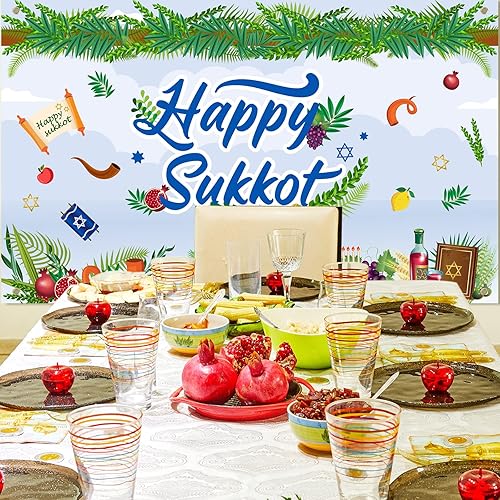 Miniatura 7 de Newwiee Cartel de fiesta de Sucot Happy Sukot de 71 x 43 pulgadas, telón de fondo de Sukkah, decoración de Etrog Lulav, tapiz judío, decoración de