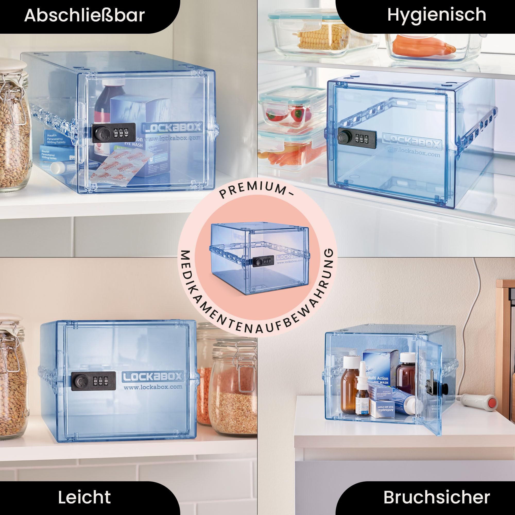 Lockabox One™ | Hochwertige Medikamentenbox mit Schloss für Arzneimittel, Vitamine und Nahrungsergänzungsmittel | Medizinischer Standard und BPA-sicher (Helles Mediblau), Einheitsgröße