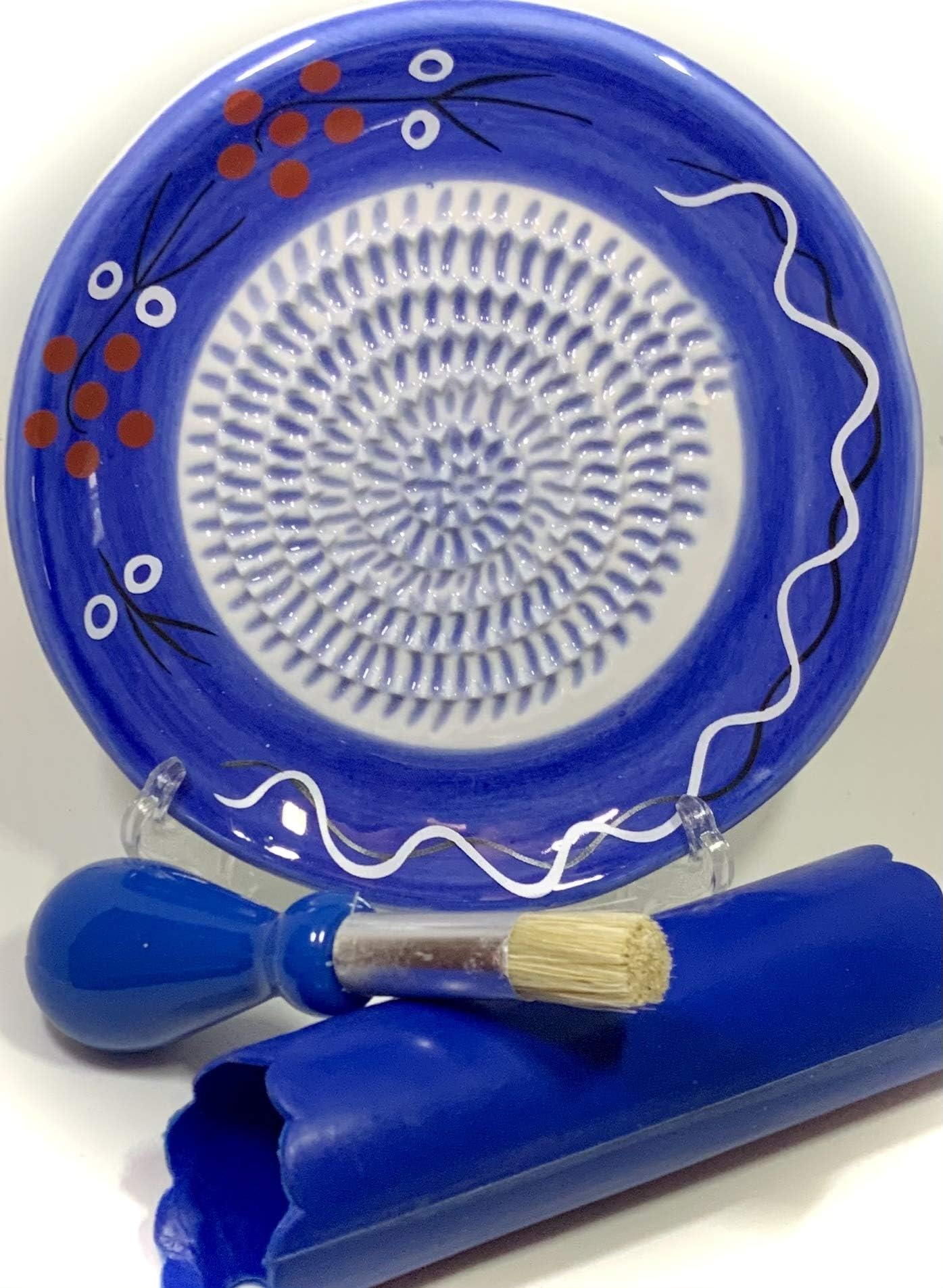 All-in-one Premium Ceramic Garlic Grater Plate 4-Piece Set - Cherry Line on Blue Design - For Garlic, Ginger, Chocolate, and more! - Comes with 5.25" Plate, Peeler, Brush, and Stand