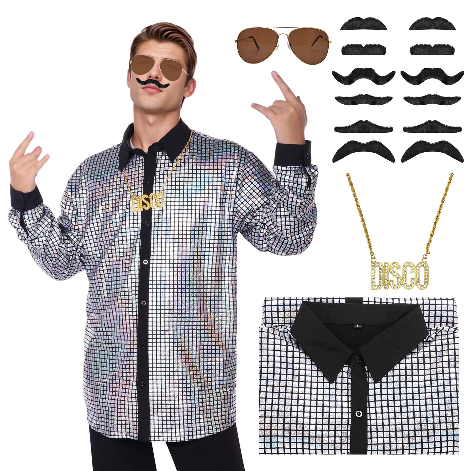70s 80s Disco Fancy Dress Mens, Men Sequin Shirt Costume Retro Men's Button Down Glitter Shirts with Wig Sunglasses Accessories Set for Funny Outfit Disco Ball Mardi Gras Party (Silver, 2XL)