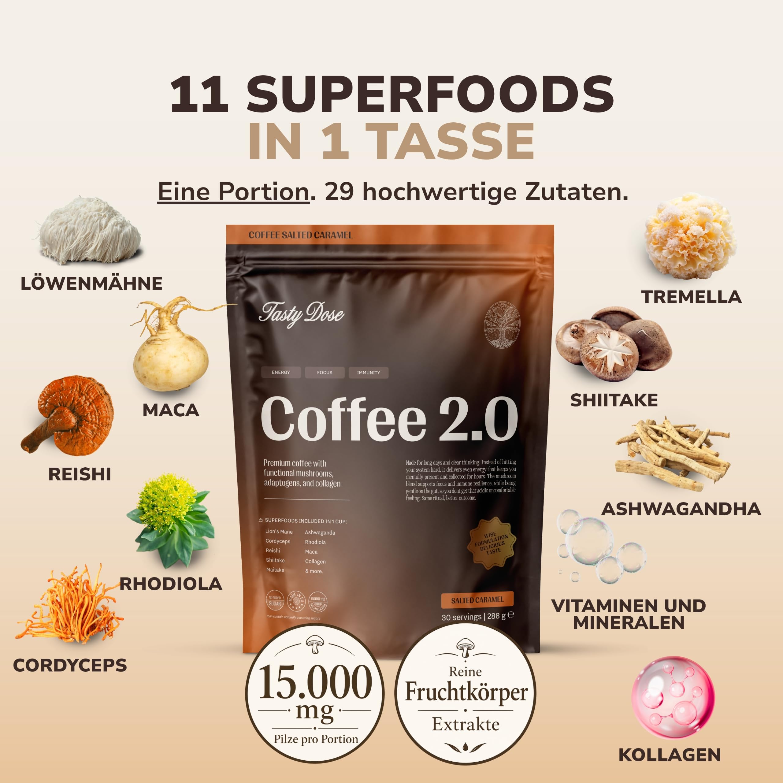 Tasty Dose's Coffee 2.0. Kaffee & Karamell. 7 Vitalpilze (Lion's Mane, Tremella, Shiitake, Maitake, Samsoniella, Reishi und Cordyceps) + Ashwagandha + Kollagen, Instant Pilzkaffee, 30 Portionen, 288 g