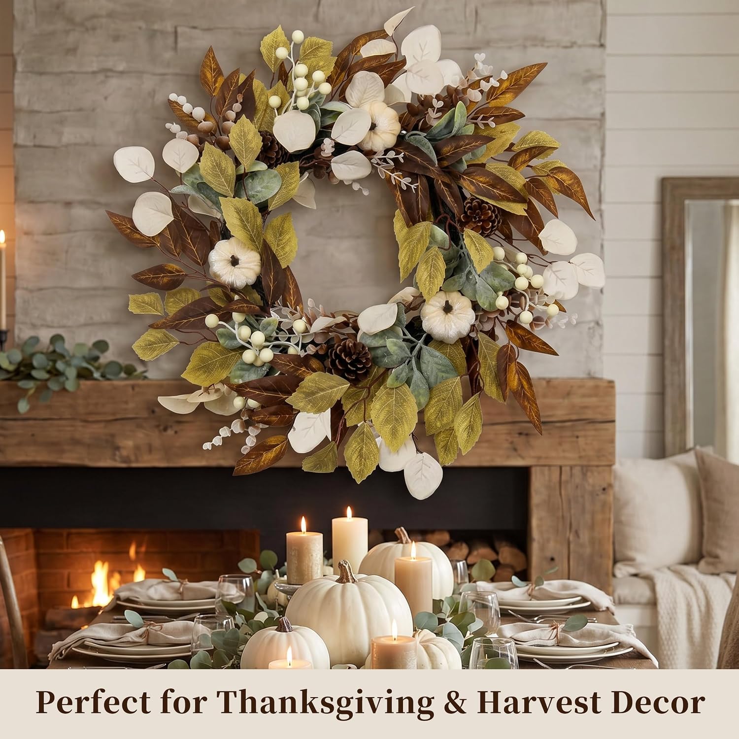 23.6 Inch Fall Wreath for Front Door, Autumn Thanksgiving Wreath with White Pumpkins, Pinecones, Eucalyptus Leaves, White Berries and Mixed Fall Foliage, Neutral Farmhouse Harvest Decor