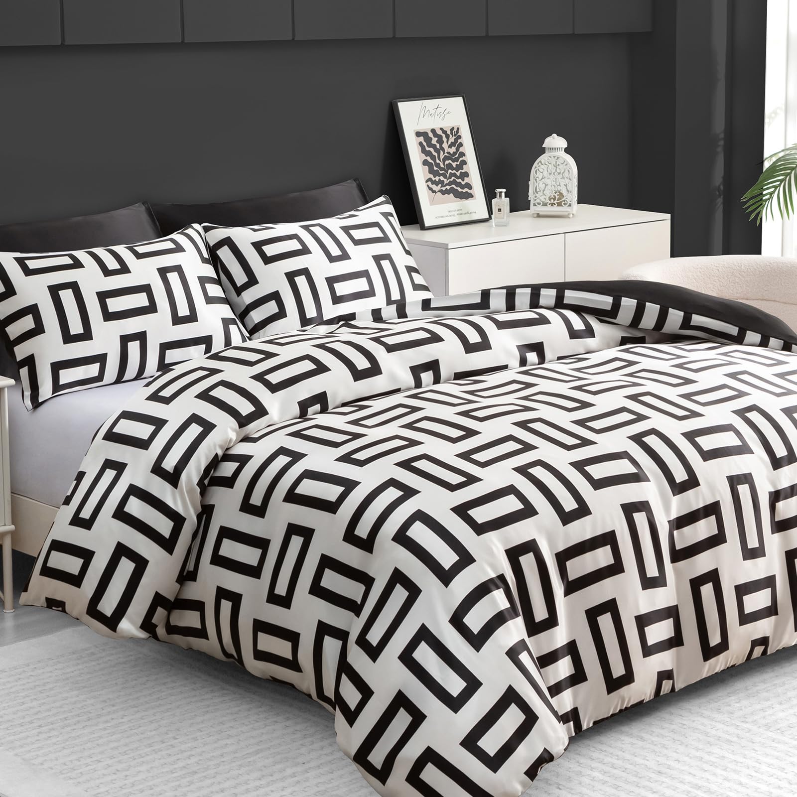 Pamposh Black & White Double Duvet Set - Premium Satin Silk Reversible Duvet Cover - Luxurious Hotel Quality Bedding Set With Zipper Closure (, Double (200 X 200 Cm))